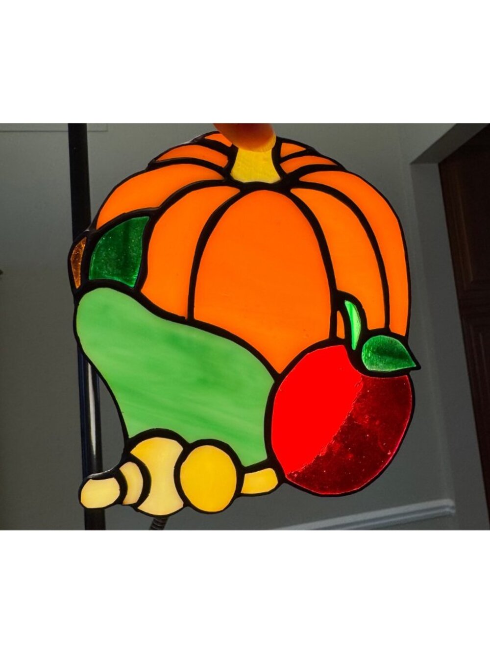 Stained Glass Pumpkin & Apple Sun Catcher Autumn Harvest Decor 5" x 6" Handmade